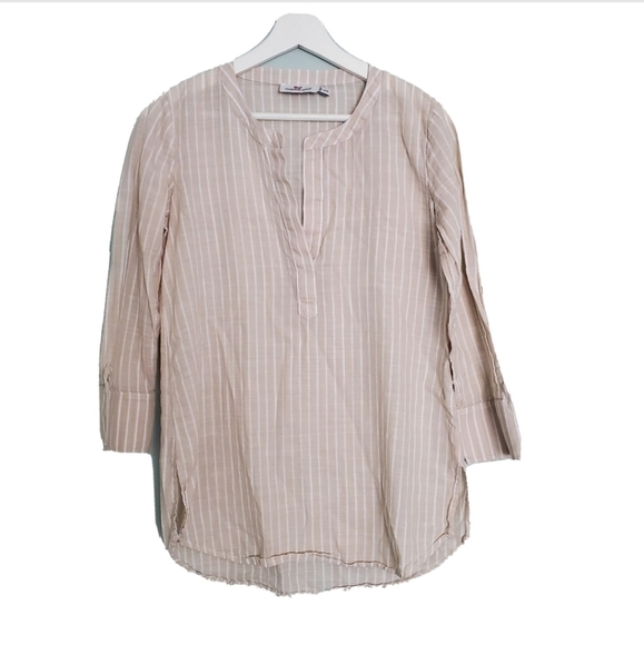 Vineyard Vines Tops - Vineyard Vines Tunic Blouse Shirt Beige Striped Cotton 3/4 Sleeve